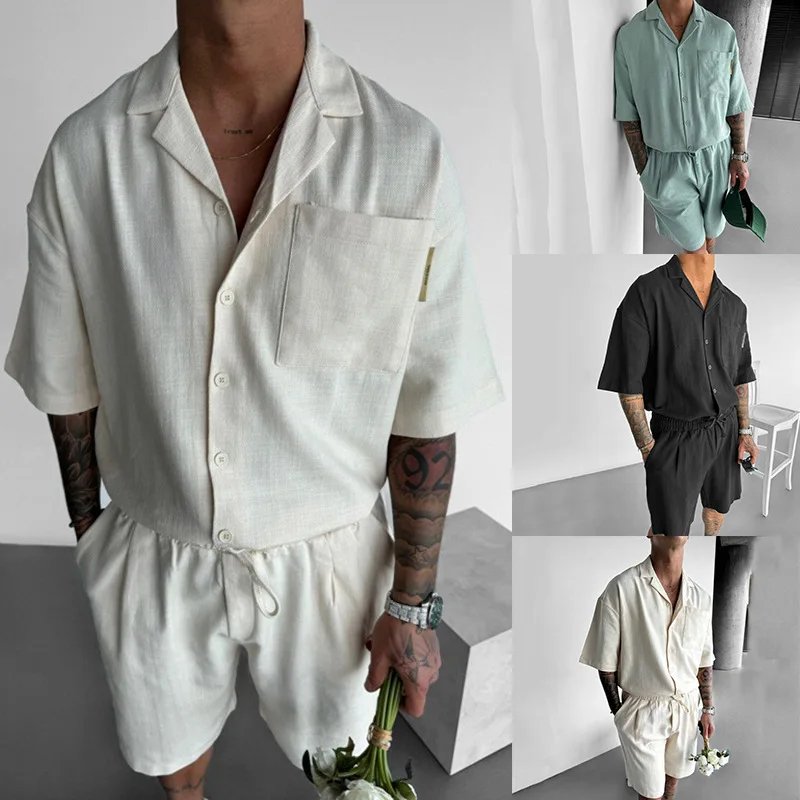 

Men Sets Single Breasted Blouses Two Pieces Knee Length Drawstring Pants Turn Down Collar Shirts Casual 2025 Summer Loose