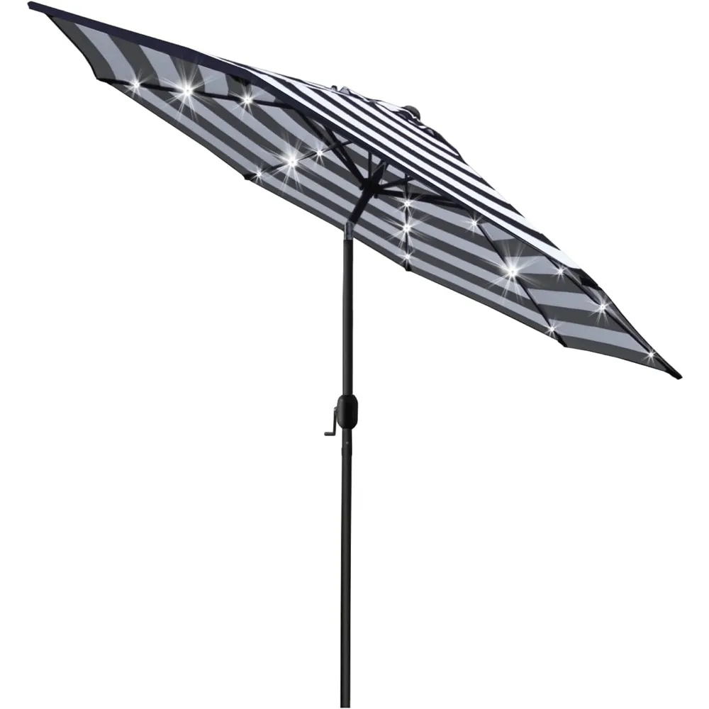 Parasol słoneczny 9' z 24 diodami LED, regulacją 8 żeber i systemem podnoszenia korby do patio - czarno-biały