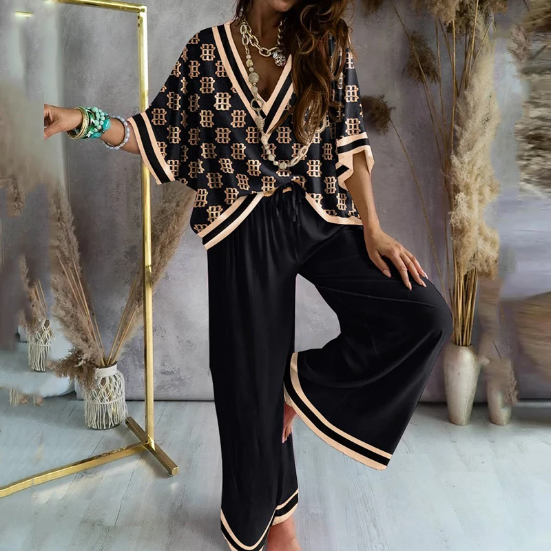 

2022 Autumn Long Pants Two Piece Sets Women Batwing Sleeve Top Suits Elegant Loose Wide Leg Leopard Print +Wide Leg pantsOutfits