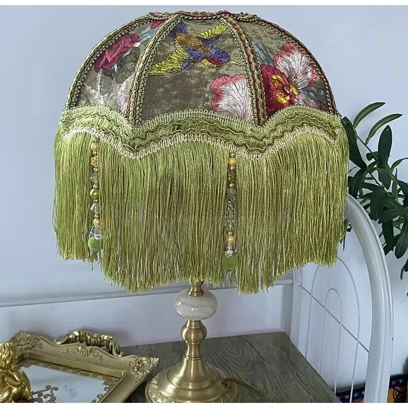 Lampshade Luxury Glossy Velvet Printed Floral, Bird, and Plant Motifs Patterned Vintage Lampshade Retro Style