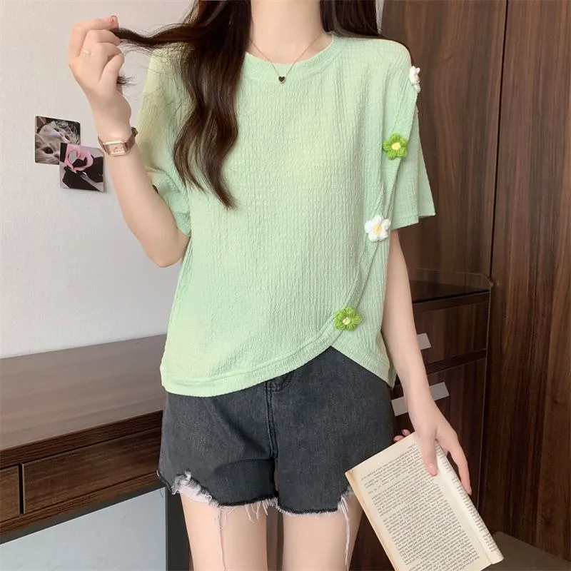 Irregular Floral Three-dimensional Decoration T-shirts Women Summer Loose Short Sleeve Niche Tees Casual Versatile Blouse Female