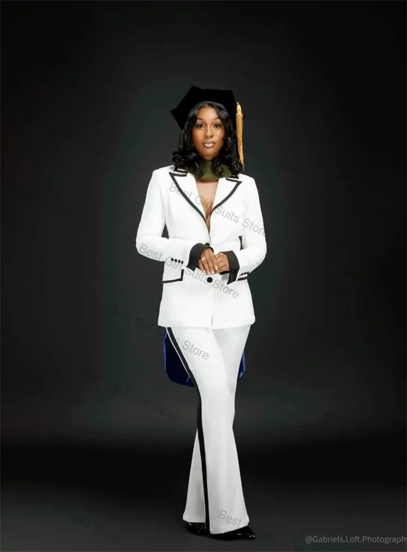 

White Black Women Suit Set 2 Pcs Blazer Pant Graduation Autumn Formal Office Lady Jacket Customized Cotton Wedding Coat Trousers