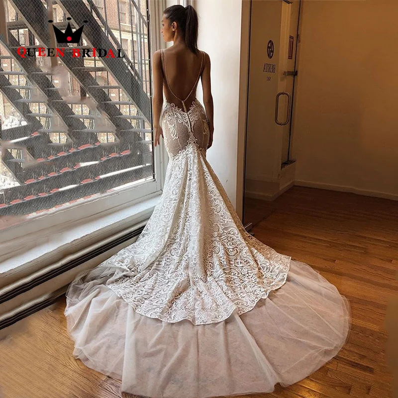 Sexy Backless Illusion Mermaid Wedding Dresses Spaghetti Straps  Lace Appliques Bridal Gowns Robes De Mariée Custom M19Q