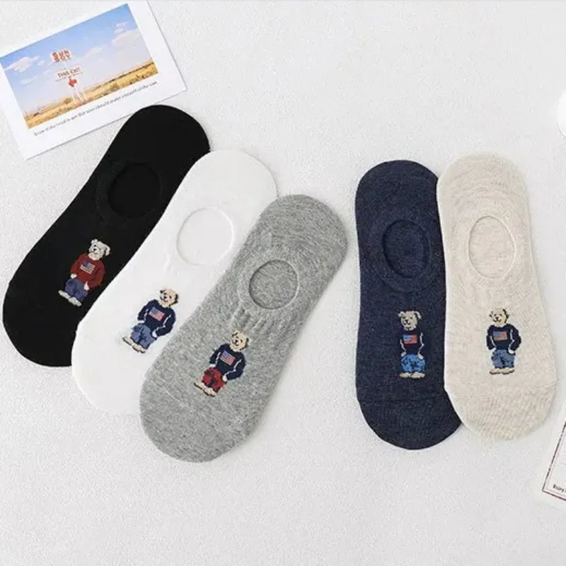 5pair/lot Fashion Men\'s Boat Socks Cartoon Bear Summer Autumn Non-slip Invisible Silicone Cotton Ankle Slippers Retro Stripe Men