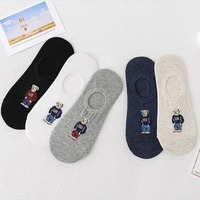 5pair/lot Fashion Men's Boat Socks Cartoon Bear Summer Autumn Non-slip Invisible Silicone Cotton Ankle Slippers Retro Stripe Men