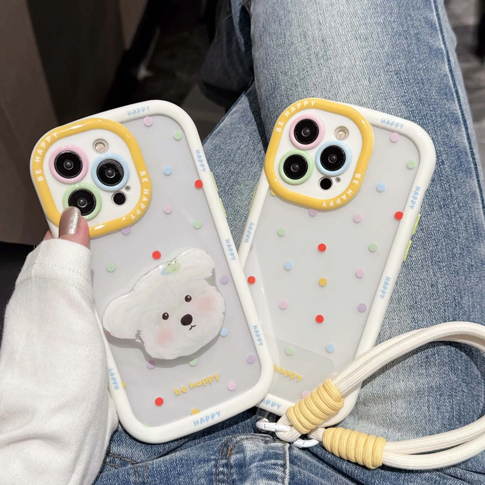 Yellow frame transparent colorful spots puff cover for iphone 15 pro max 12 13 14 15promax puppy bracket white rope phone case