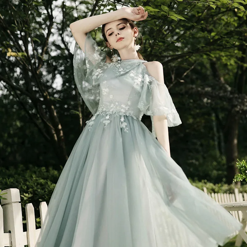 Sweet Memory Bridesmaid Dresses Mesh Tulle Fairy Prom Robe Princess Lace-up Elegant Women Girl Celebrity Party Gown