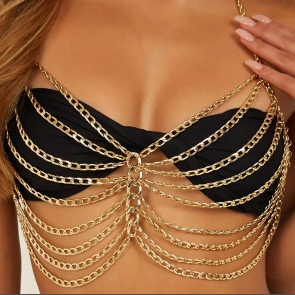 

Stonefans Sexy Metal Body Bra Chain Necklace Harness for Women Festival Accessories Beach Bikini Chest Chain Jewelry Party Gift