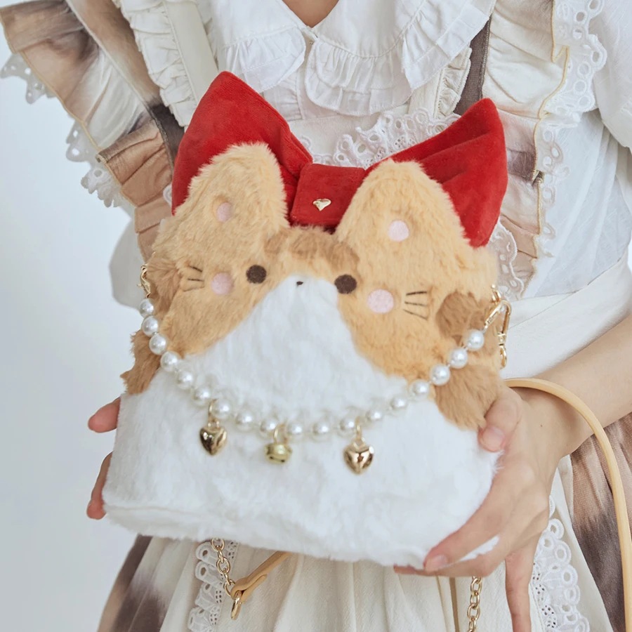 

Sweet Girl Cosplay Lolita Kawaii Plush Bag Pearl Chain Embroidery Cat Bell Kawaii Bow Love One Shoulder Portable Messenger Bag