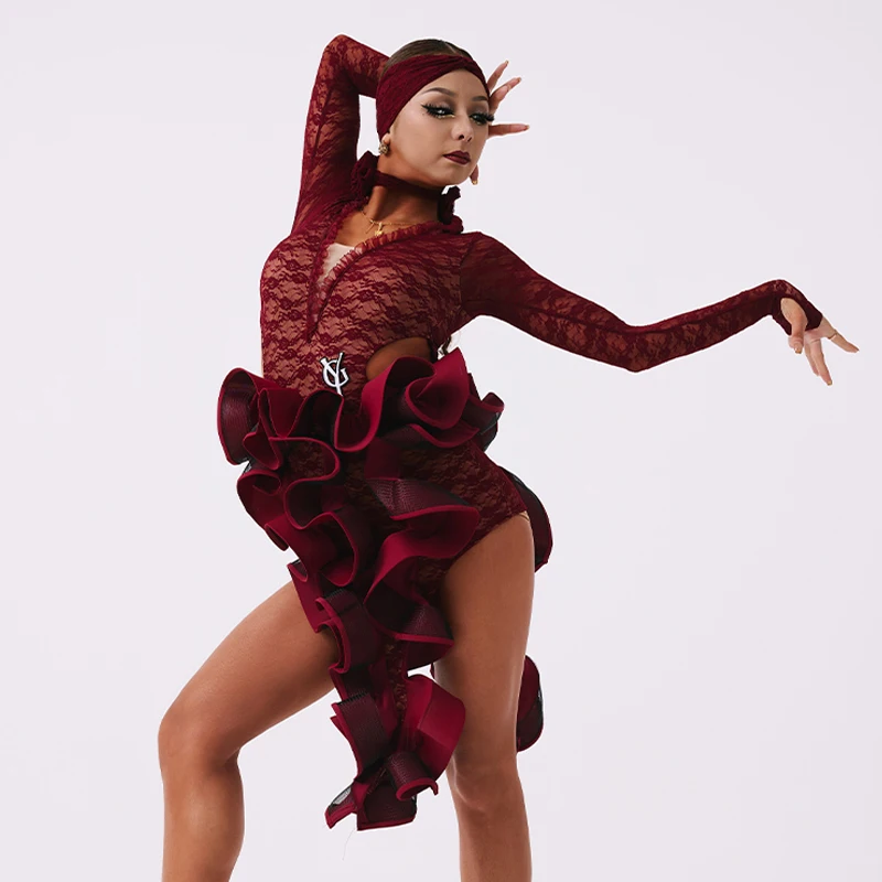 2025 adultos dança latina vestido profissional irregular flor rendas traje de dança latina feminino vestidos de dança de salão sl14106