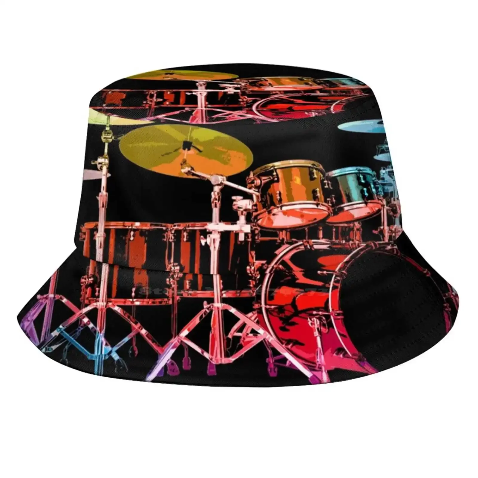 Drum Set (Bold Digital Colors) Sun Cap Fisherman Hat Bucket Hats Drum Set Drummer Drumming I Drum Drum Player Rainbow Drums