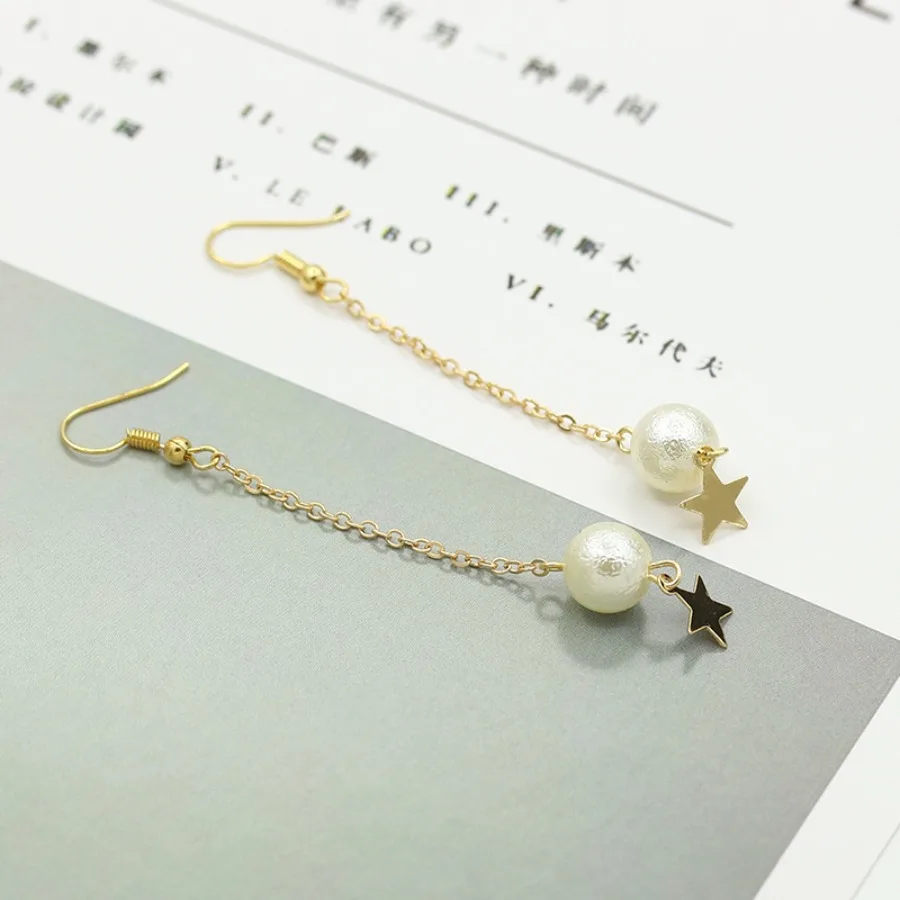 1 Pair Japanese-style Fresh Wrinkled Pearl Star Ear Clip, Long Five-pointed Star Pendant Pearl Tassel Ear