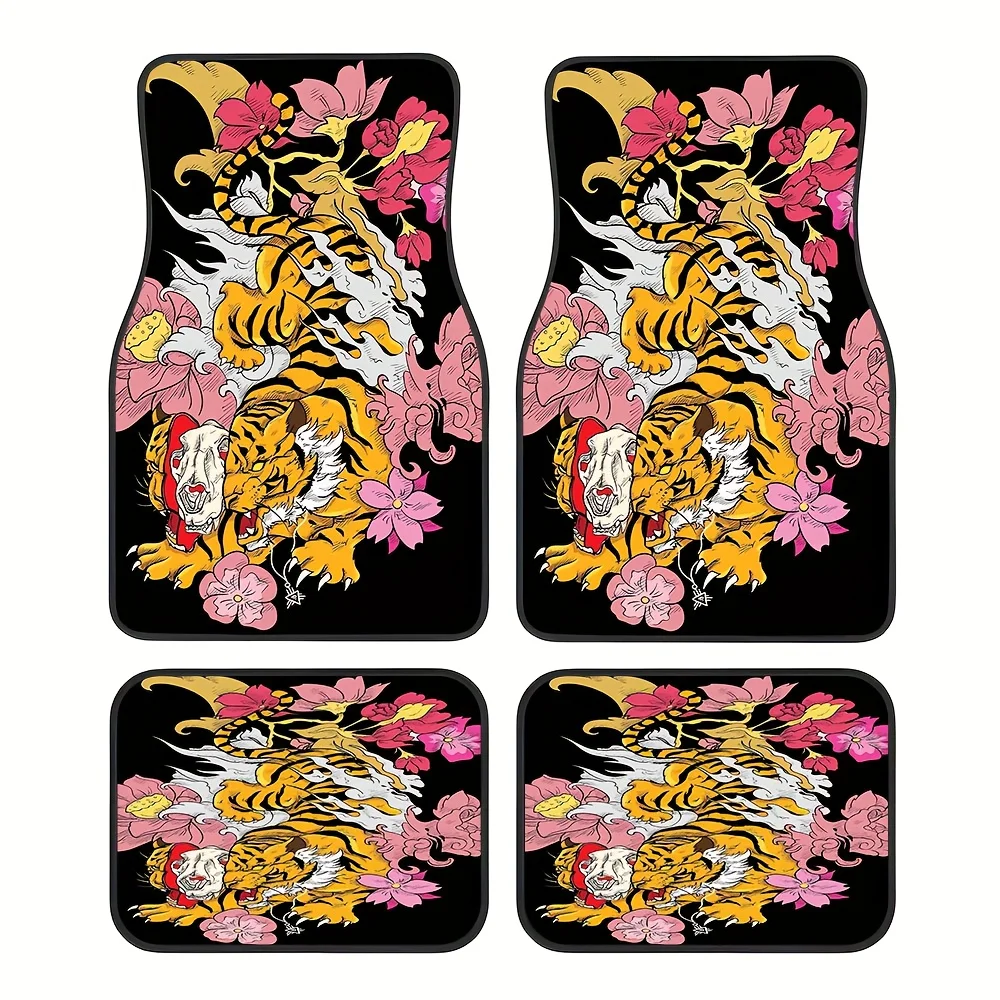 4pcs Asian Tiger And Cherry Blossom Car Mat Set - All-Weather Non-Slip Rubber Mats, Black And Golden Design With Pink Floral And