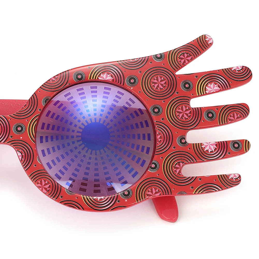 Neuartige Maskenbrille in Handform, roter, gewirbelter Druckrahmen, violette Gläser, lustige dekorative Brille für Ball, Karneval und Kostüme – Detail 5