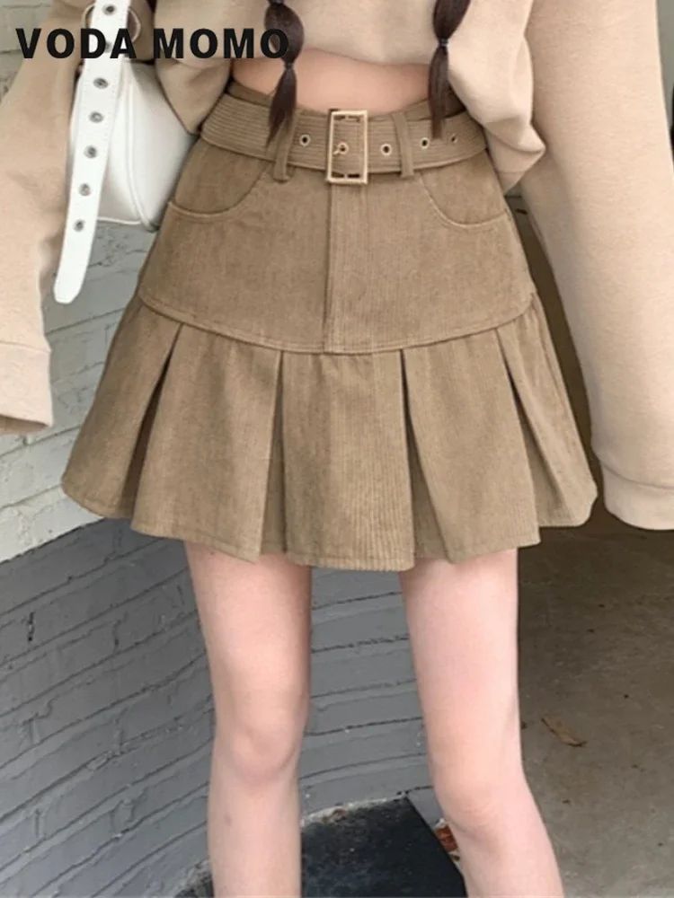 

Весенне-летние базовые однотонные брюки, шикарные винтажные тонкие универсальные плиссированные мини-юбки JK для женщин, японский студенческий вельветовый стиль в консервативном стиле