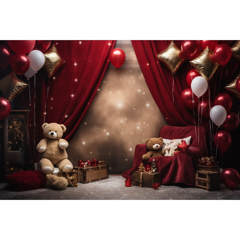 Christmas Bear Toys Backdrop Gifts Window Starry Sky Xmas Tree Kids Portrait Photo Background Red Curtain Photography Photoshoot