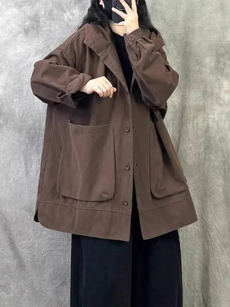 2025 Spring Women's Basic Trench Coat  Full Cotton Hooded Plus Size Petite British Workwear Outerwear