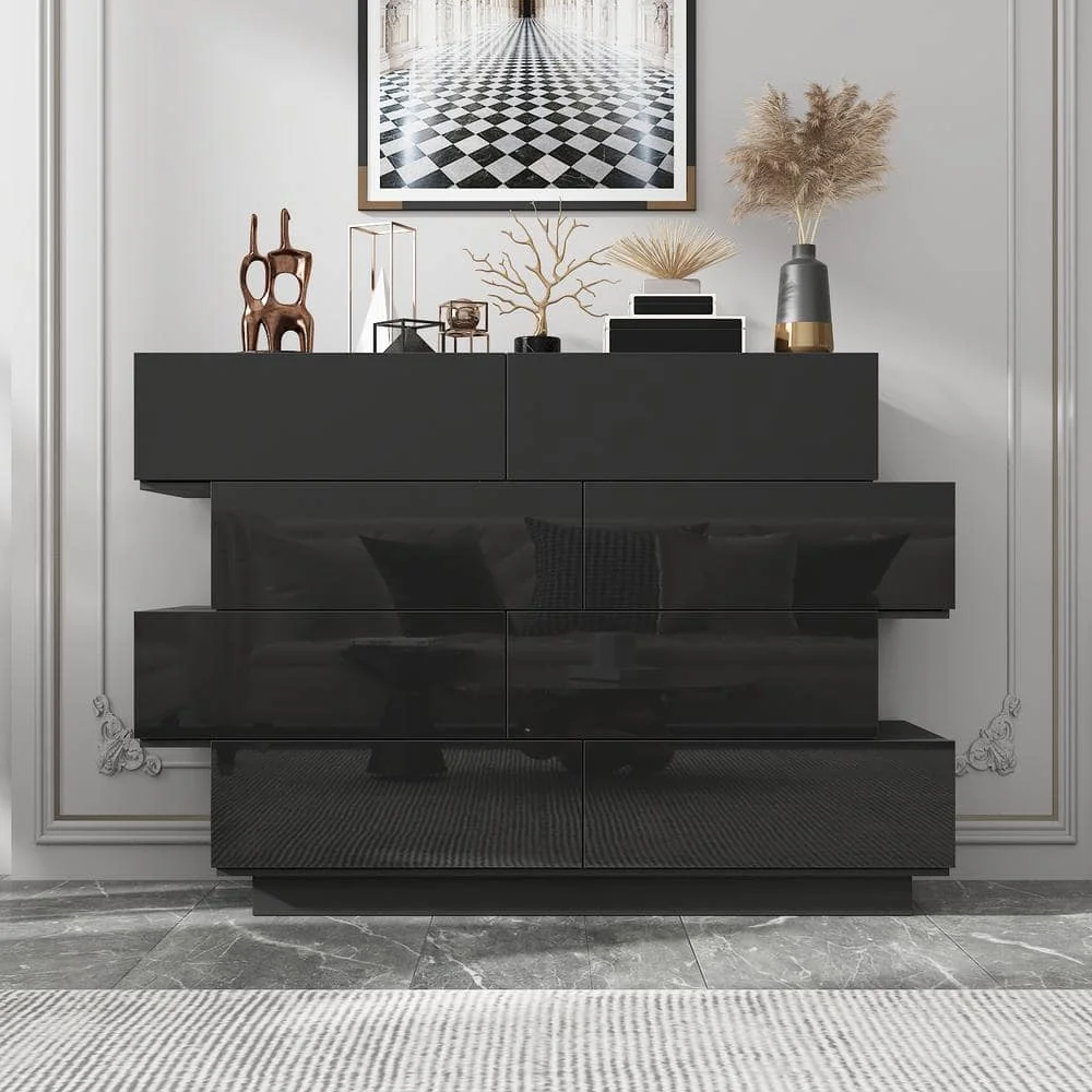 50.6 بوصة. W خزانة مزدوجة ذات 8 أدراج من الخشب الأسود شديد اللمعان، طراز حديث، 16.2 بوصة. د × 39.2 بوصة. ح