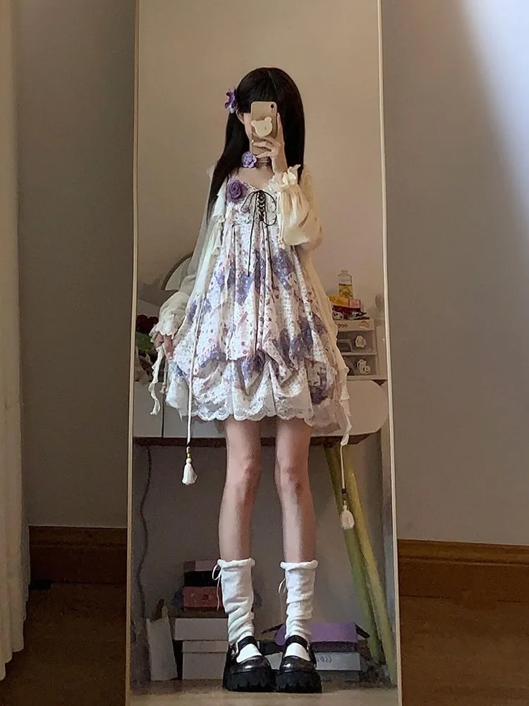 Nowa Letnia Słodka Kawaii Damska Sukienka Vintage Japońska Dziewczęca Styl Y2K na Imprezę Plażową Kwiatowy Wzór Codzienna Lekka Odzież