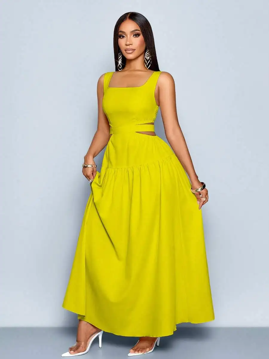 

Womens Square Neck Waist Cutout Pleated A-Line Maxi Dress For Summer Party