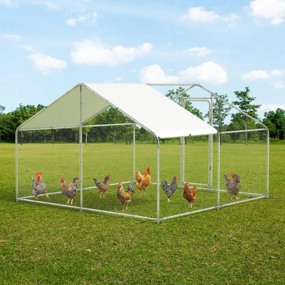 10x10x6.6FT Large Walk-in Chicken Coop with Waterproof and UV-Resistant Cover, Spire Roof Design