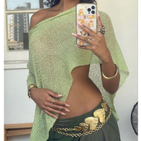 Womens y2k Vintage Sheer Poncho Crop Tops Lightweight Knit Shrug Shawl Off Shoulder Mesh Loose T-shirts Cover Up Beach Tops