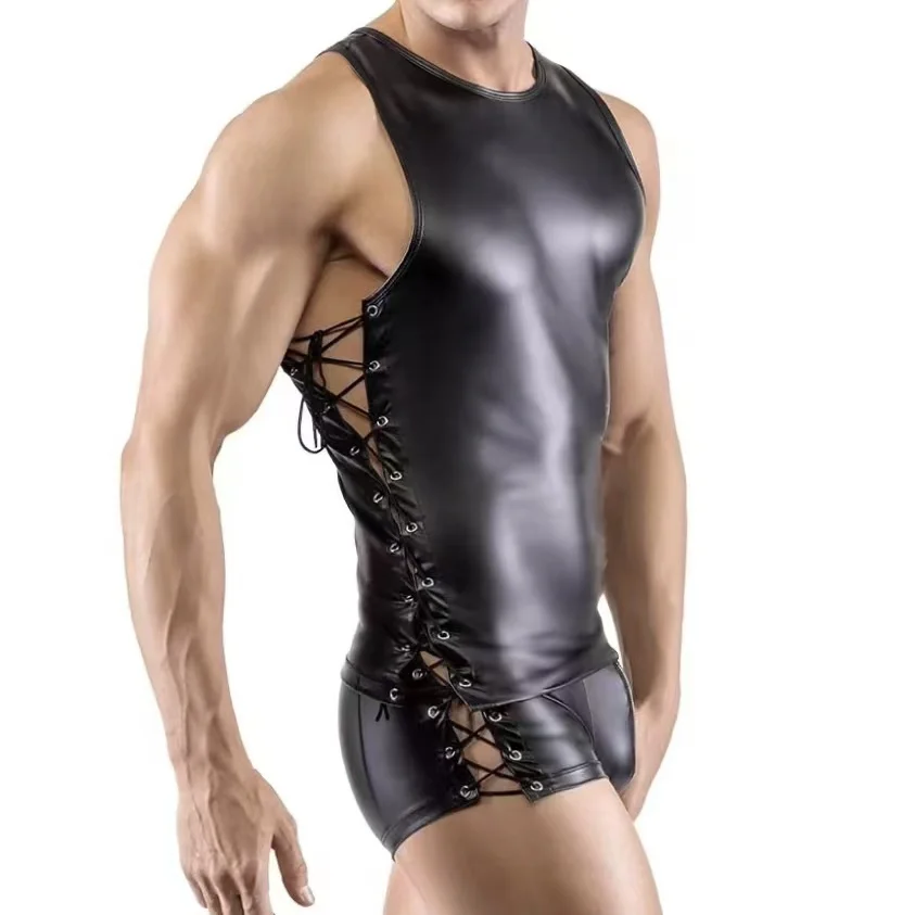 

Nightclub Male Singer Gogo Sexy Costumes Black Leather Bandage Muscle tops Tanks Party Stage show Dance outfits