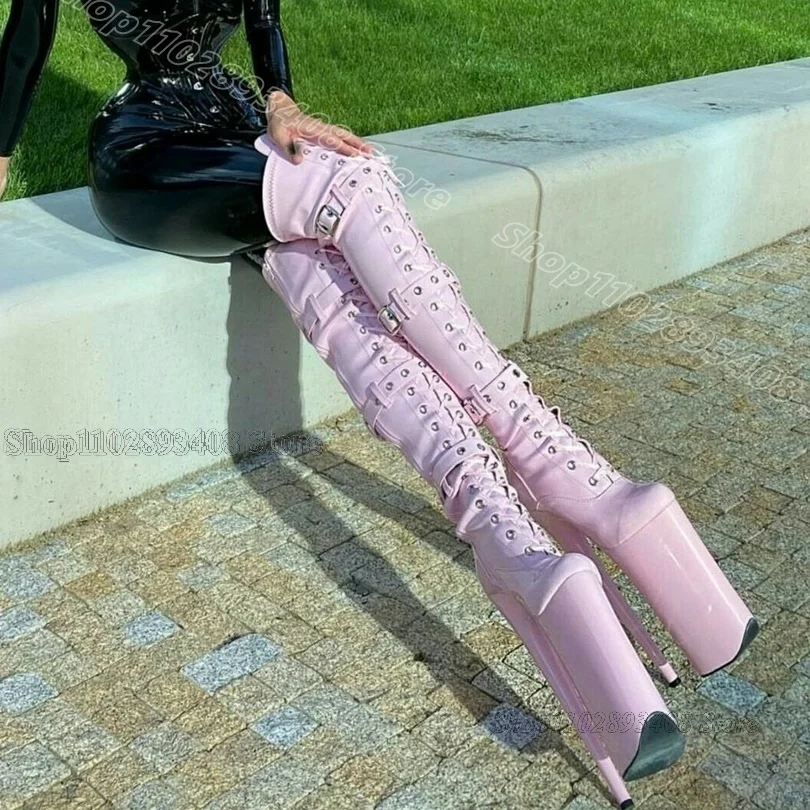 Pink Buckle Platform Sexy Boots Side Zipper Solid Stiletto Patent Leather Women Fashion Dancing Knee Boots Zapatos Para Mujere