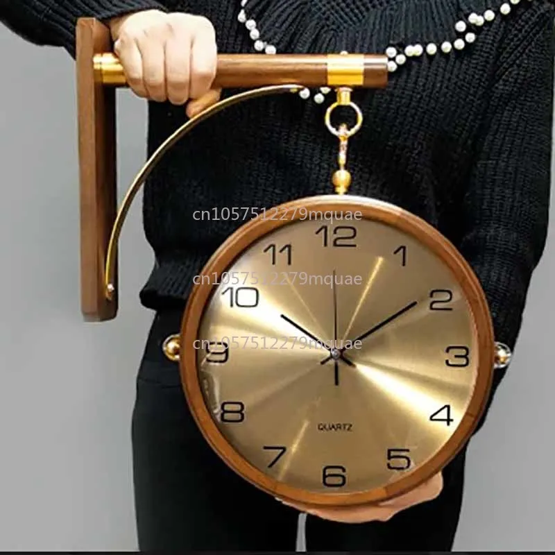 Wall Clocks Luxury Wood Double Sided Movement Silence 360° Rotatable Wall Clock Aesthetic Living Room Decoration Accessories