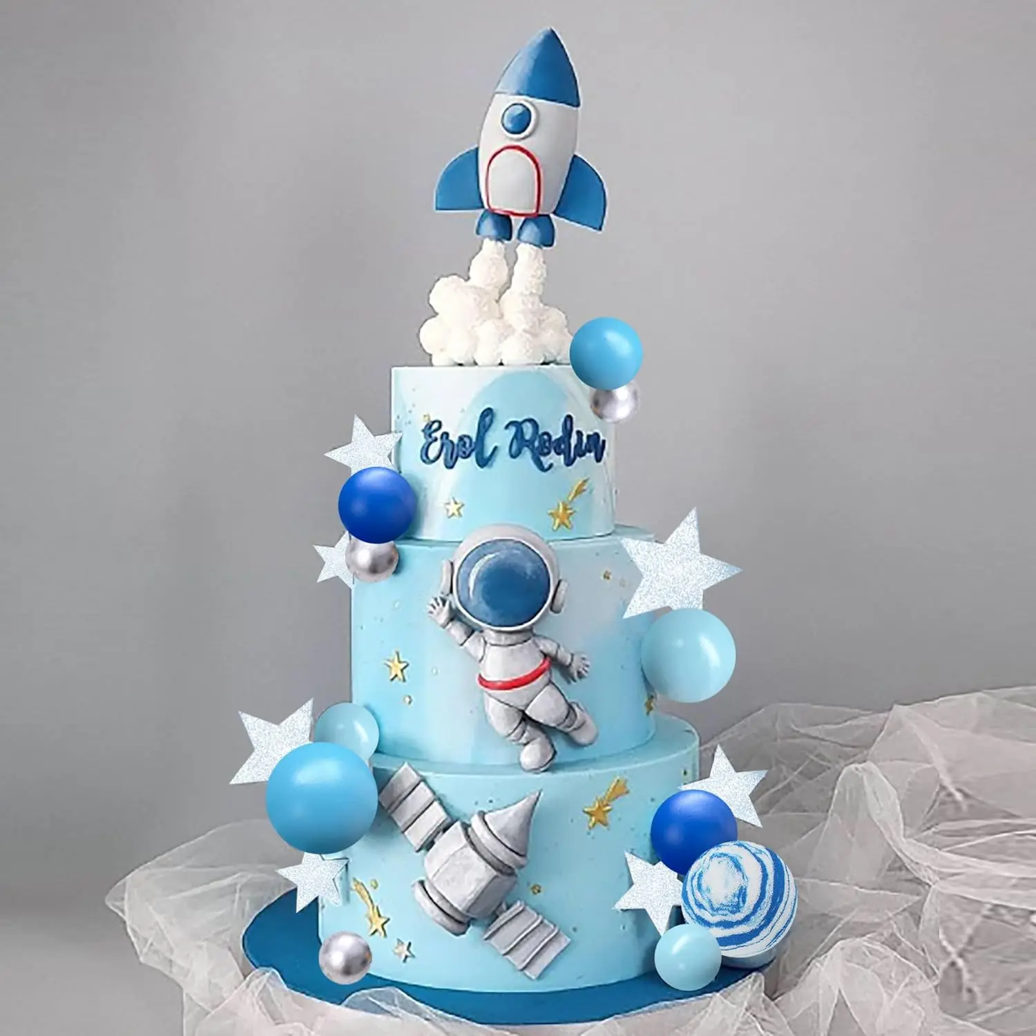 Adornos para tarta espacial, figuritas de astronauta del espacio exterior, bolas de cohete y estrellas, decoraciones temáticas espaciales para suministros de fiesta de cumpleaños