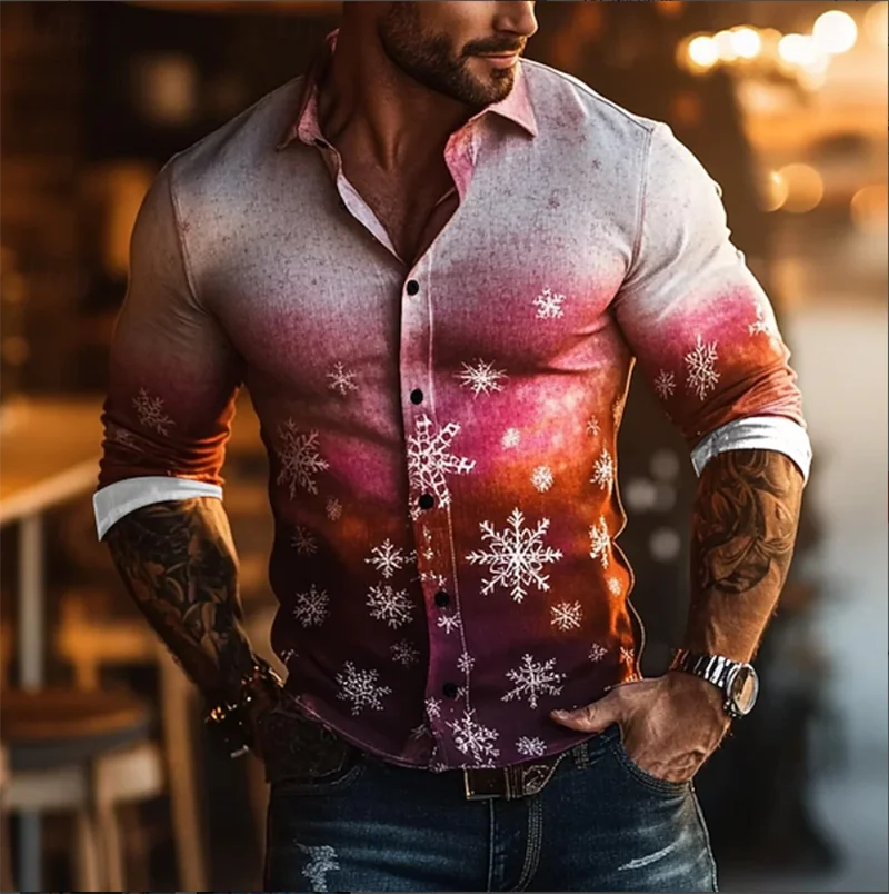 

New Men's Snowflake Gradient Color Shirt Fashion 3D Printed Shirt Button Shirt Casual Long Sleeve Shirt Men's Shirt