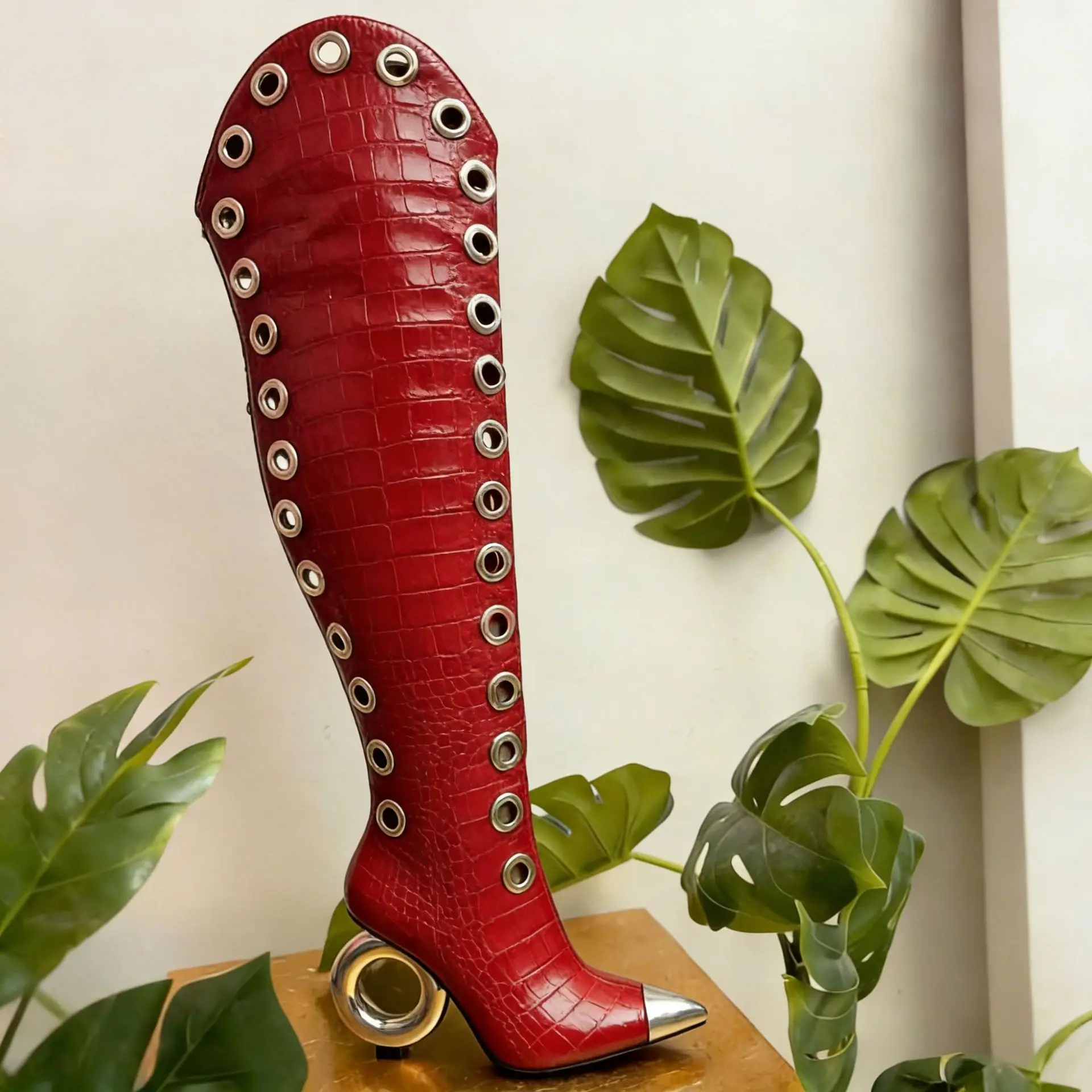 Crocodile Embossed Knee High Boots Metal Eyelet Side Cutout Ring Heel Metal Pointed Toe Women Gothic Club Stage Party Tall Boots