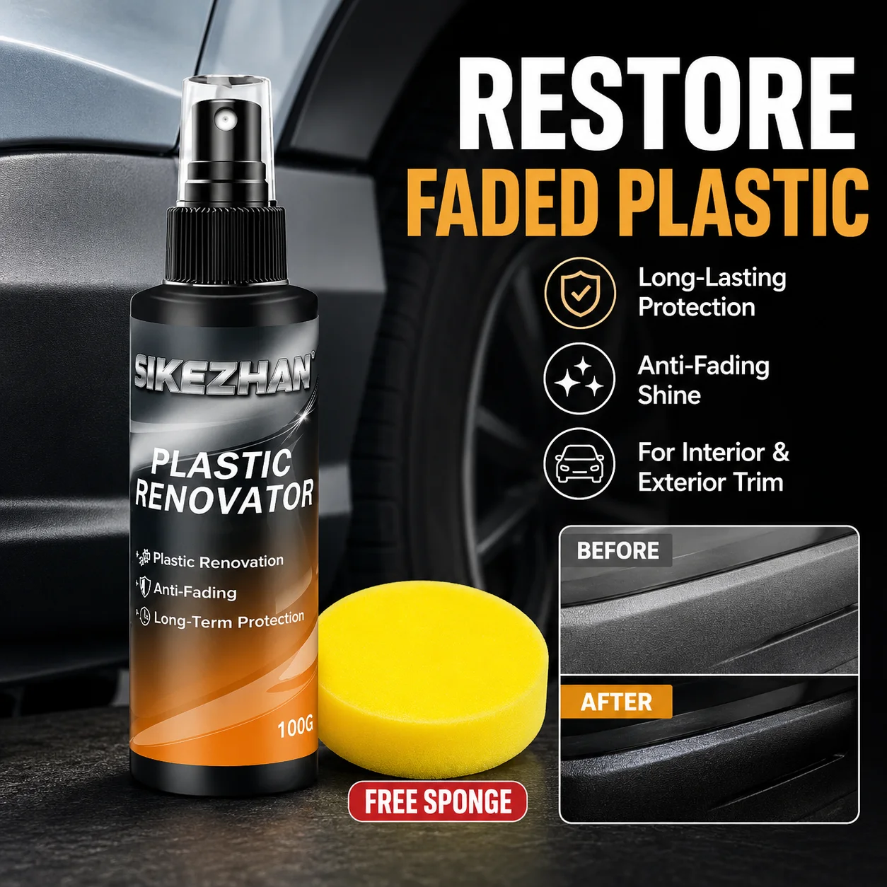 SIKEZHAN 100g Plastic Renovator Car Restorer for Interior Exterior Trim Rubber Vinyl Anti-Fading Long-Term Protection w/ Sponge