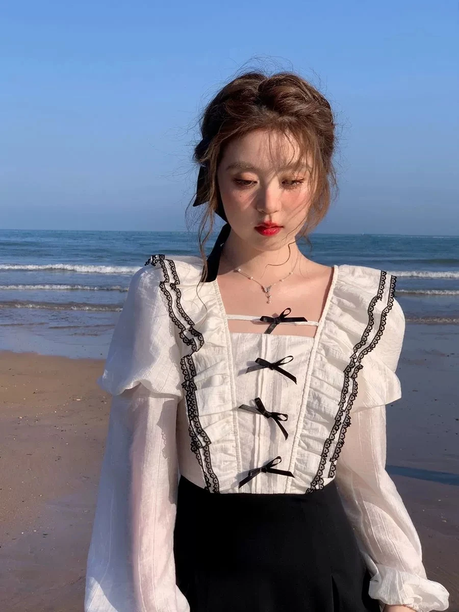 Sukienka Lolita w stylu francuskim vintage Y2K, wyszczuplająca, z falbankowymi rękawami, słodka, optycznie odmładzająca, długa spódnica, dwuczęściowy zestaw damski, podkreślający temperament.