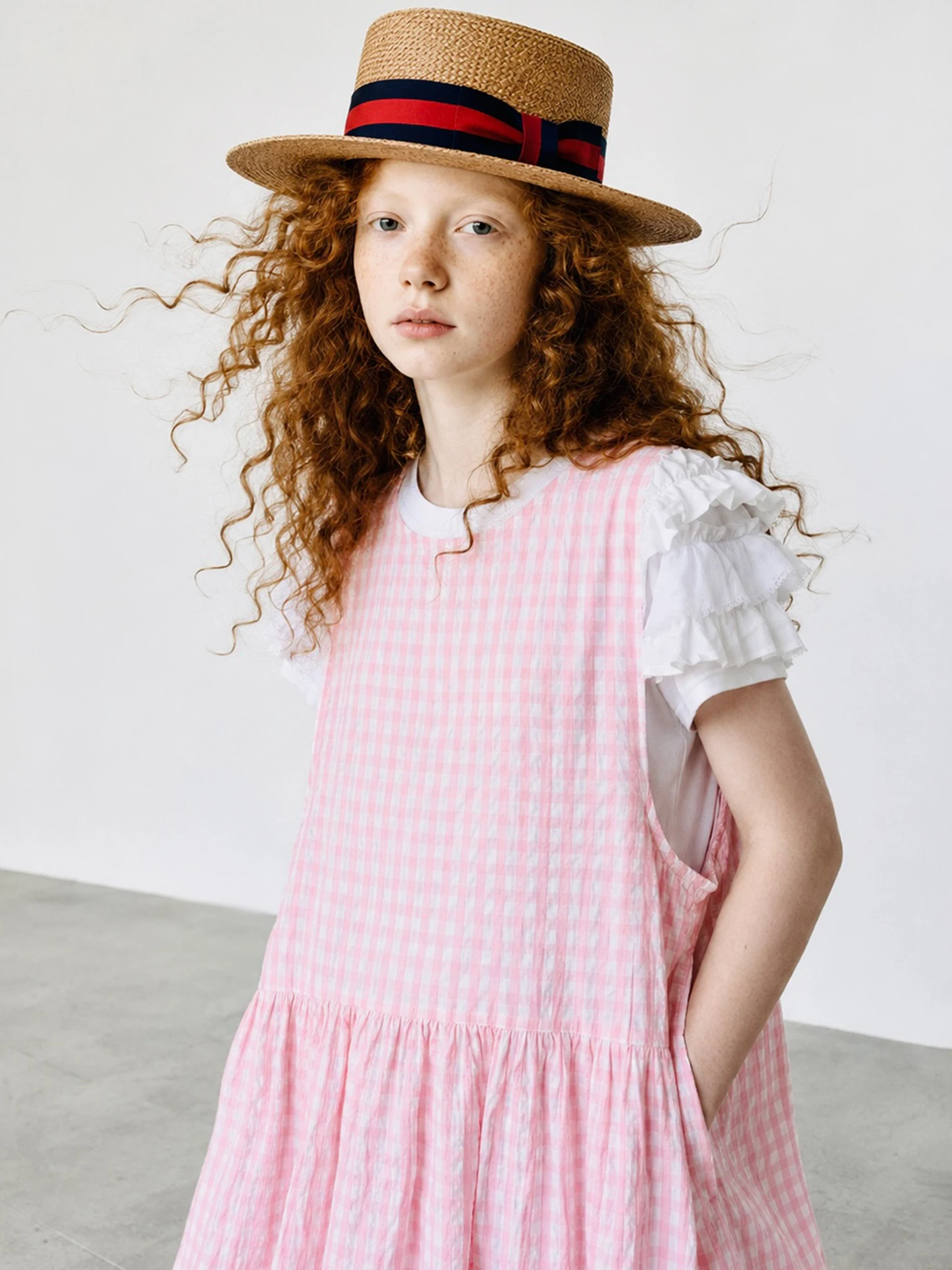 

imakokoni original summer sweet pink white plaid dress for women, with loose round neck vest skirt and bubble gauze 265565