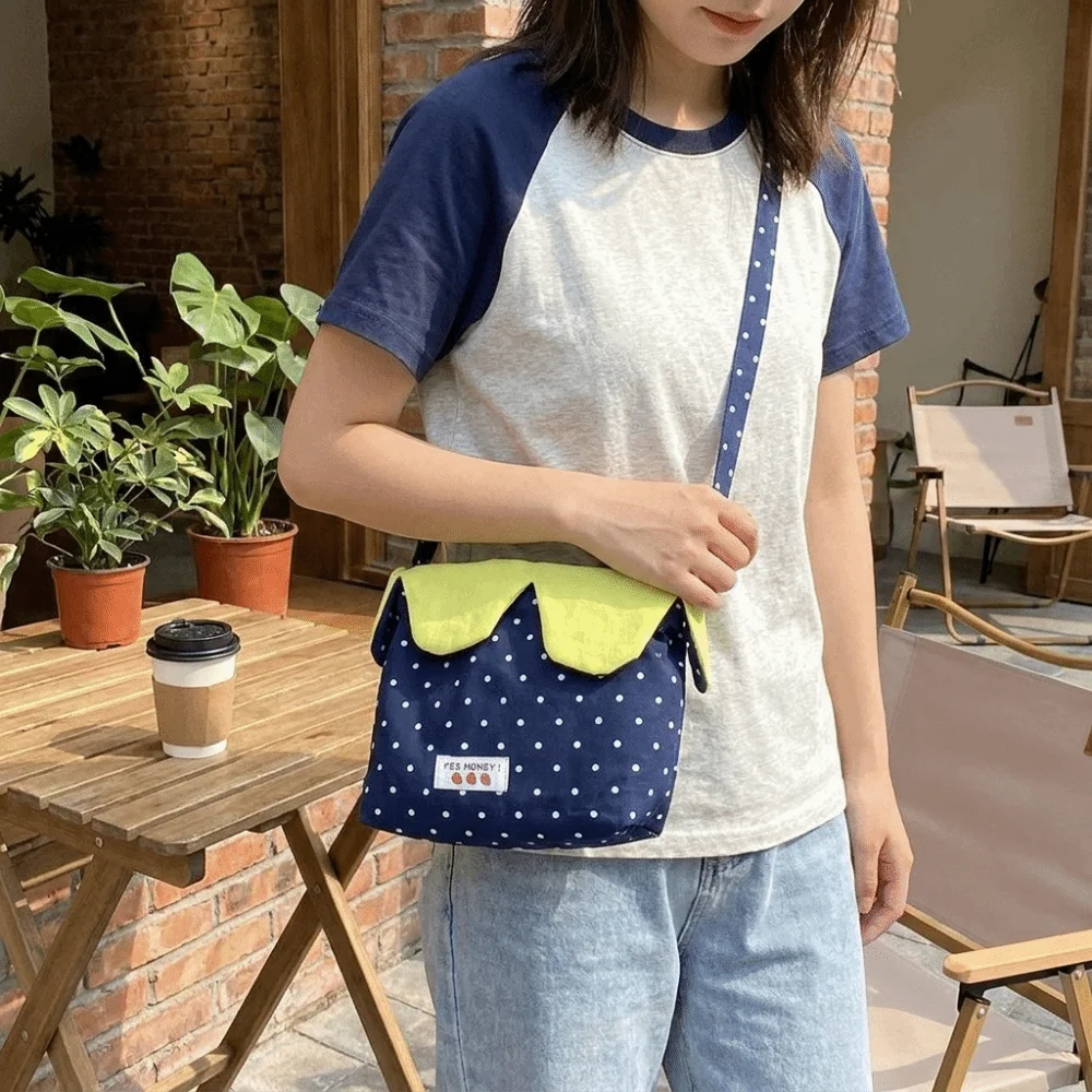 

Polka Dot Flower Drawstring Crossbody Bag Bundle Pocket Korean Style Canvas Shoulder Bag Lightweight Nylon Flower Handbag Women