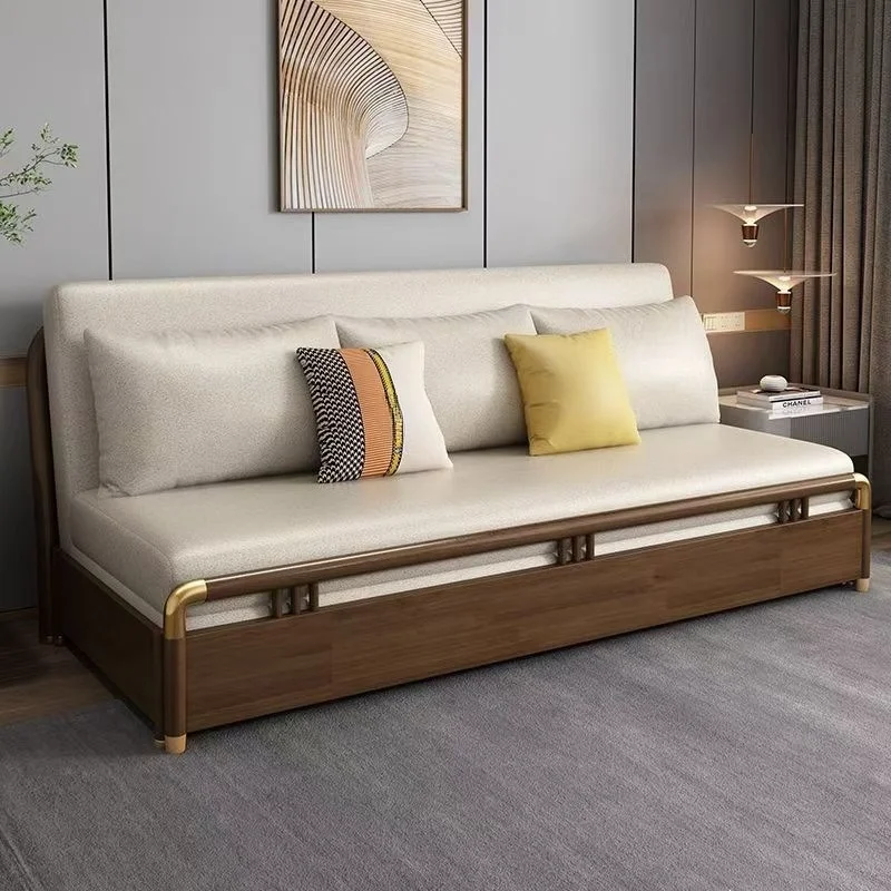 sofa bed, foldable dual-use, small living room, single and double three-person solid wood foldable storage sofa bed