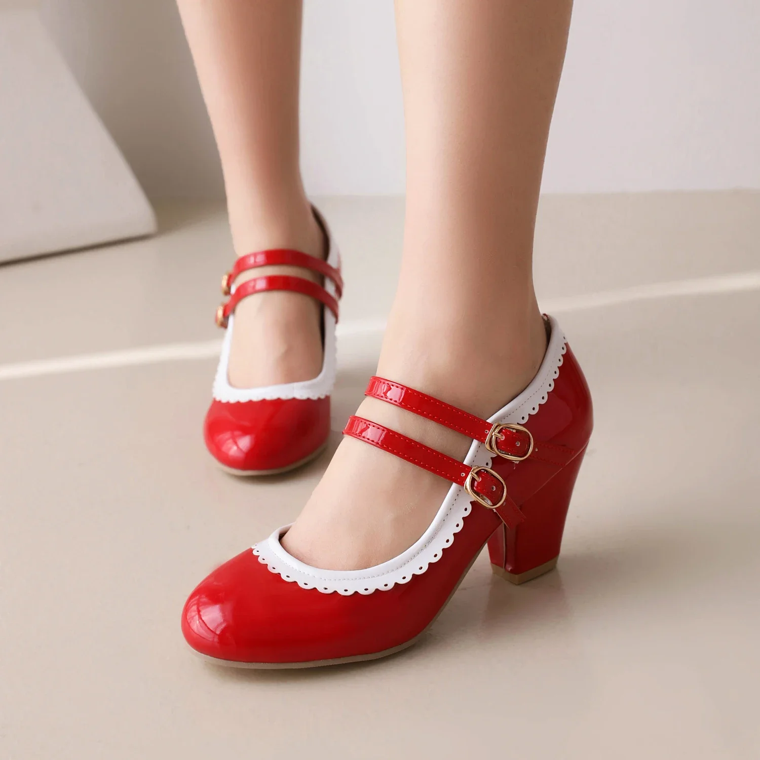 Pink Patent Leather Double Ankle Strap Mary Janes Women High Block Heels White Purple Bordered Sweet Dress Lady Round Toe Pumps