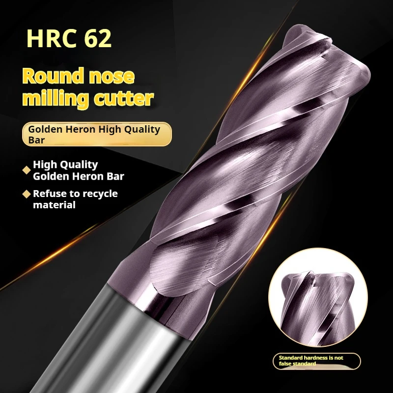 

HRC62 Corner Radius End Mill CNC R Bull Nose Milling Cutter Metal Router Tungsten Carbide Steel Tool R0.5 R1 4Flutes