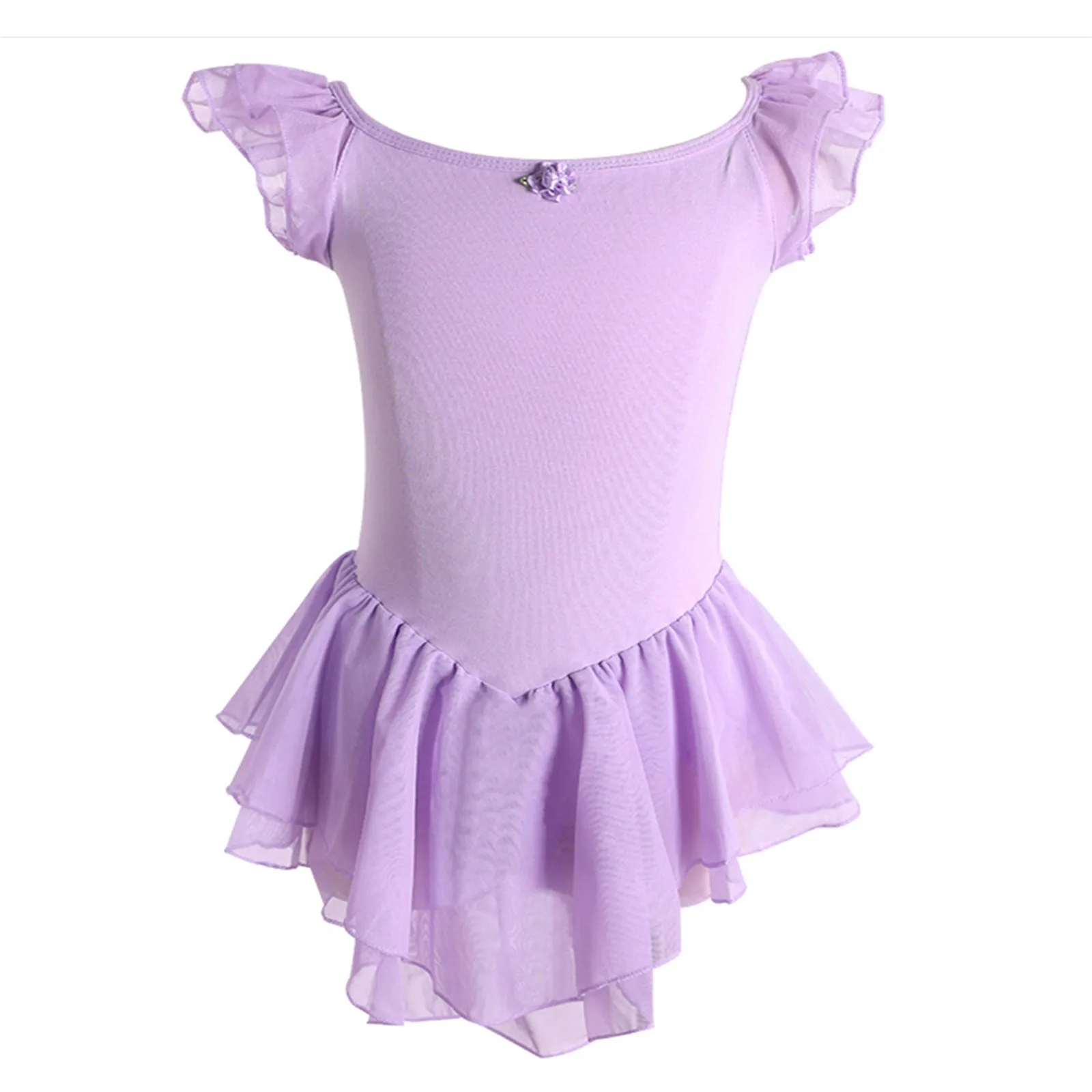 Girls Ballet Leotards Purple Ballet Dress 2 Layers Mesh Dress Ruffle Sleeves Ballet Dance Costumes Cotton Gymnastic Bodysuits