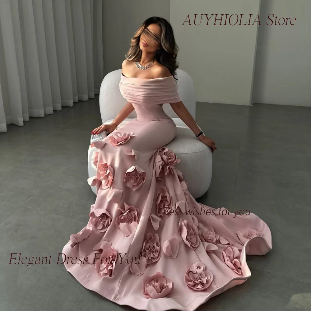 Satin Evening Dress For Sexy Women 정장원피스 Vestidos de festa Elegant Off Shoulder 3D Appliques Floor-Length Cocktail Prom Gown