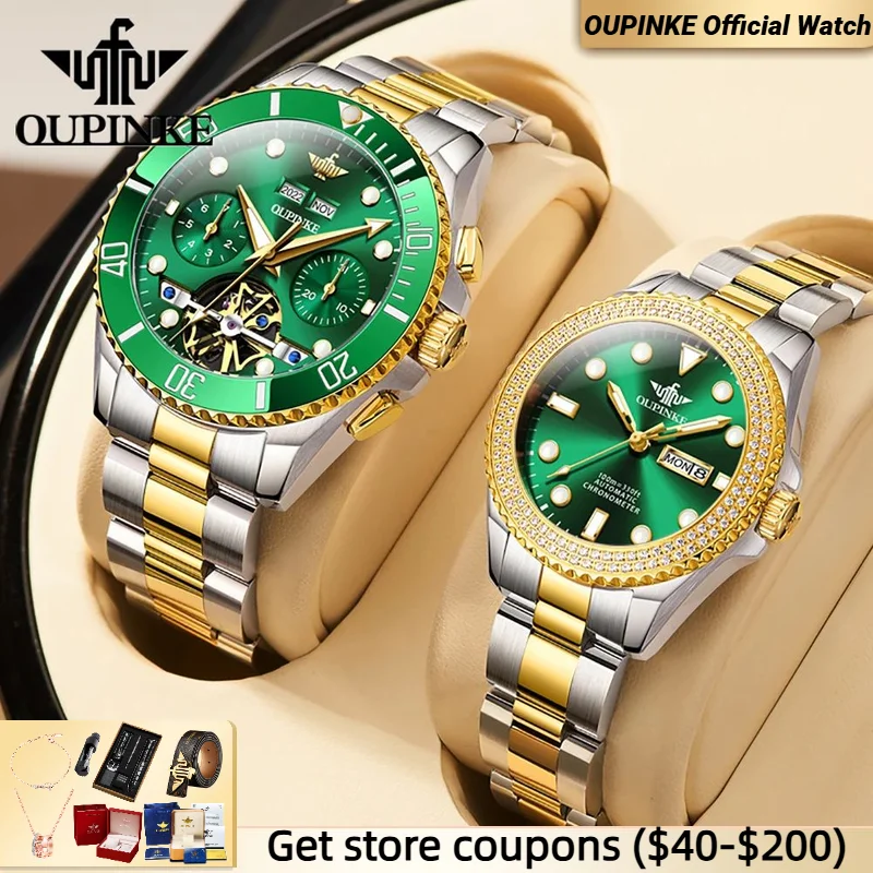 

OUPINKE 3229+3205 Couple Watch Pair for Men Women Diving Series Flywheel Design Luxury Imported Movement Lover's Wedding Watches