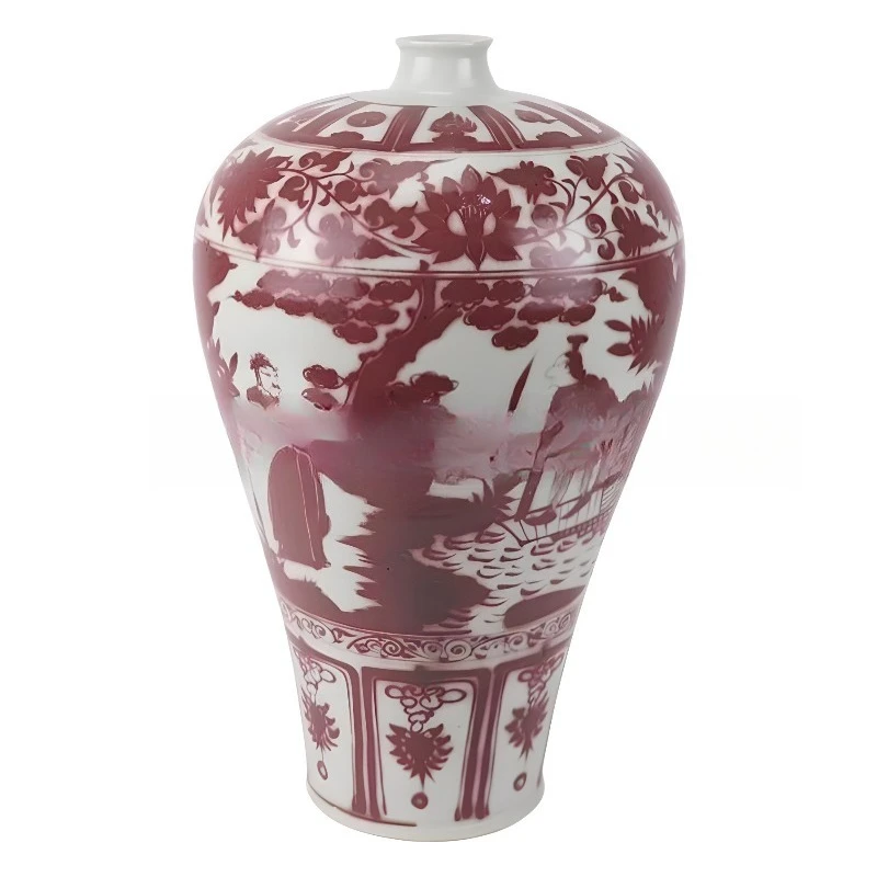 Antique hand-painted, underglazed red-twisted lotus vase, decorative ornament c