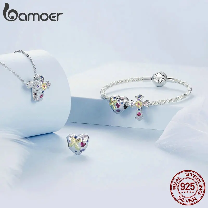 BAMOER 925 Sterling Silver Golden Faith Cross Charms Inlaid Color Cubic Zircon Charm Bead fit Bracelet DIY Fashion Accessories