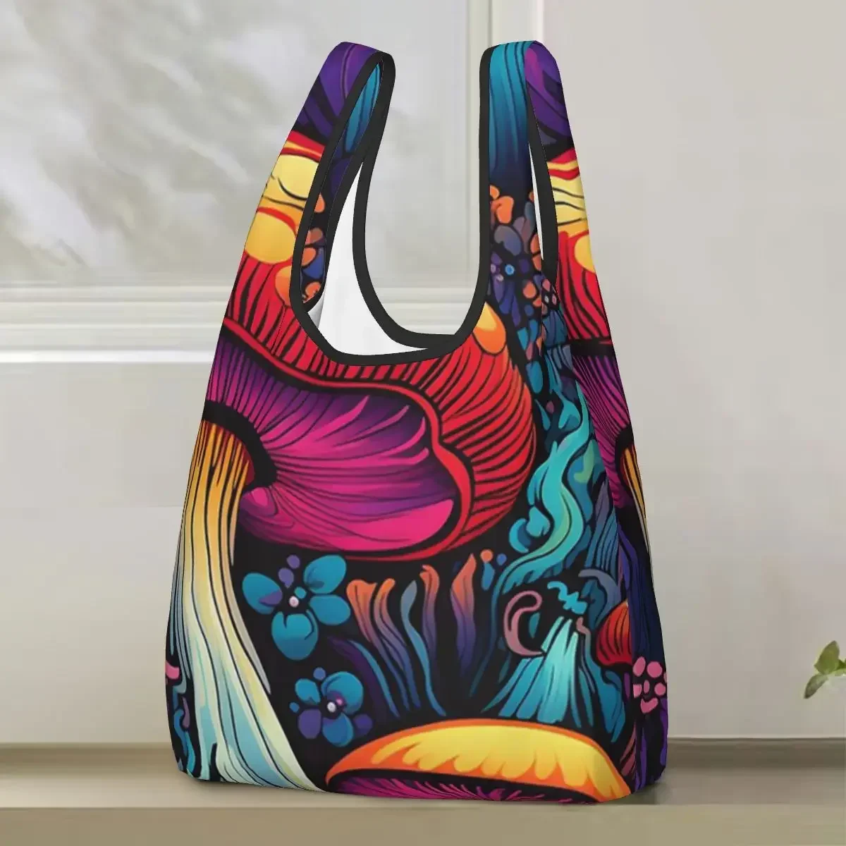 Acid Trippy Weird Psychedelic Mushroom Shopping Bag Portable Tote Bags Foldable Shoulder Shopper Bag Groceries Handbag