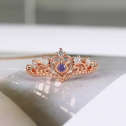 Purple Heart Crown Rings For Girls Party Wedding Finger Ring Rose Gold Color Crystal Jewelry for Women Anel Wholesale KBR212