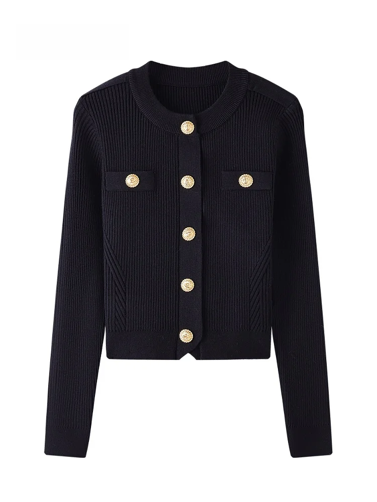 

Женский вязаный кардиган JZZDEMM Slim Fit с золотыми пуговицами, в стиле ретро, однотонный, с длинными рукавами, для повседневной носки