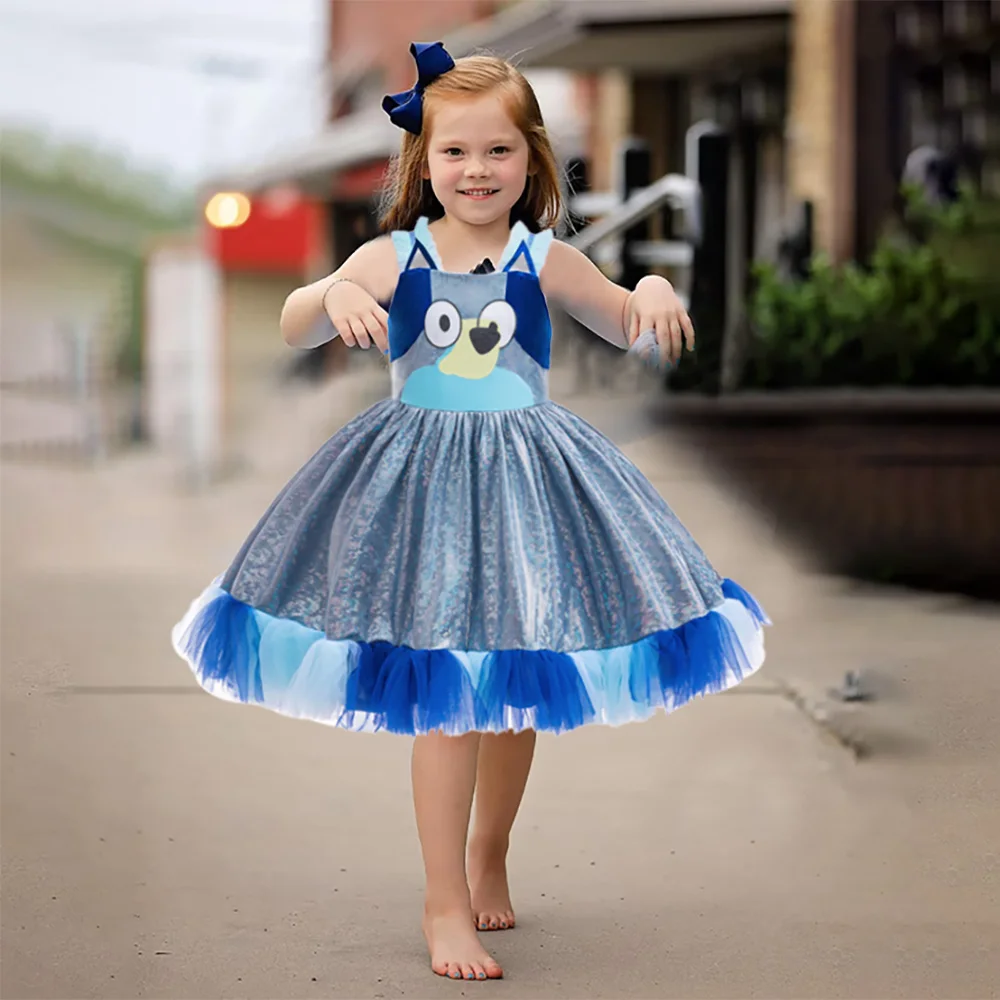 Girls Lace Bluey Party Tutu Dress Kids Fashion Dog Print Costume Girl Birthday Holiday Clothes Young Casual Costume Evening Gown