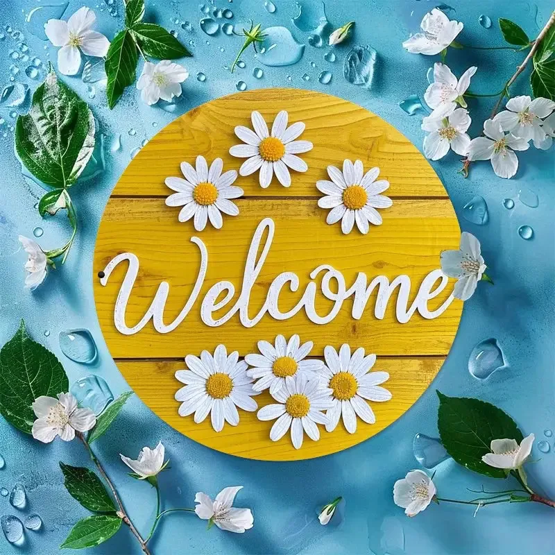 2D Flat, 2D Flat Wooden Sign: Small Daisy Welcome Slogan Decorative Wooden Plaque — Yellow-toned Spliced Vintage Round Base, Pai