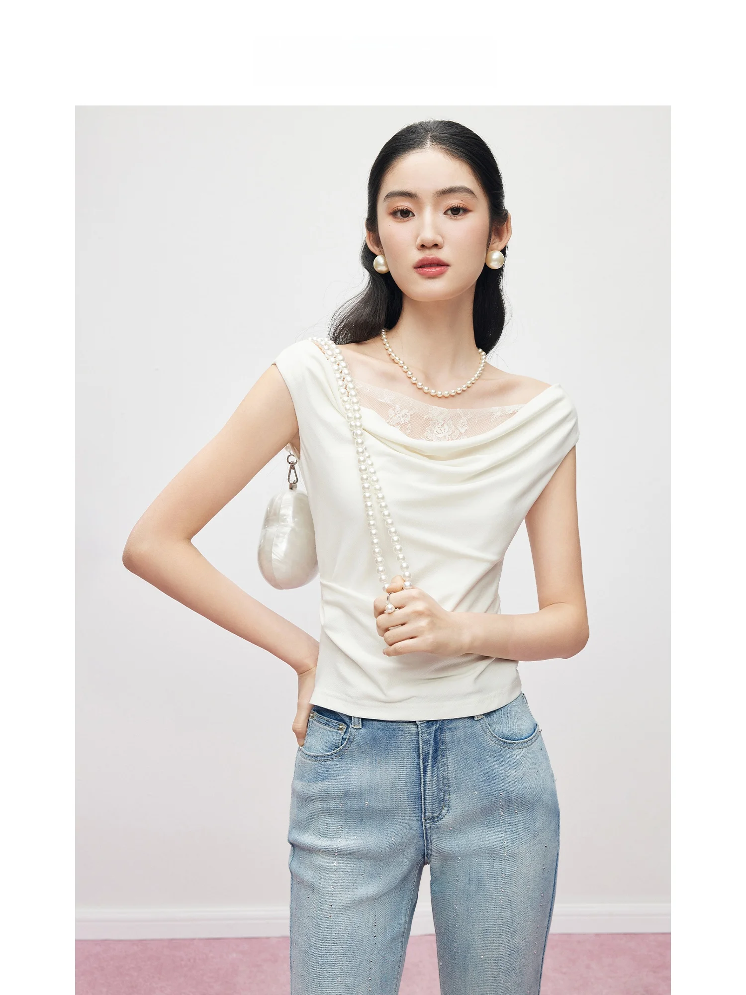 

MandyZhang Wool Lace Splice Knitted T-shirt Women's Design Sensation One-Shoulder Swing Collar Breathable Summer Top